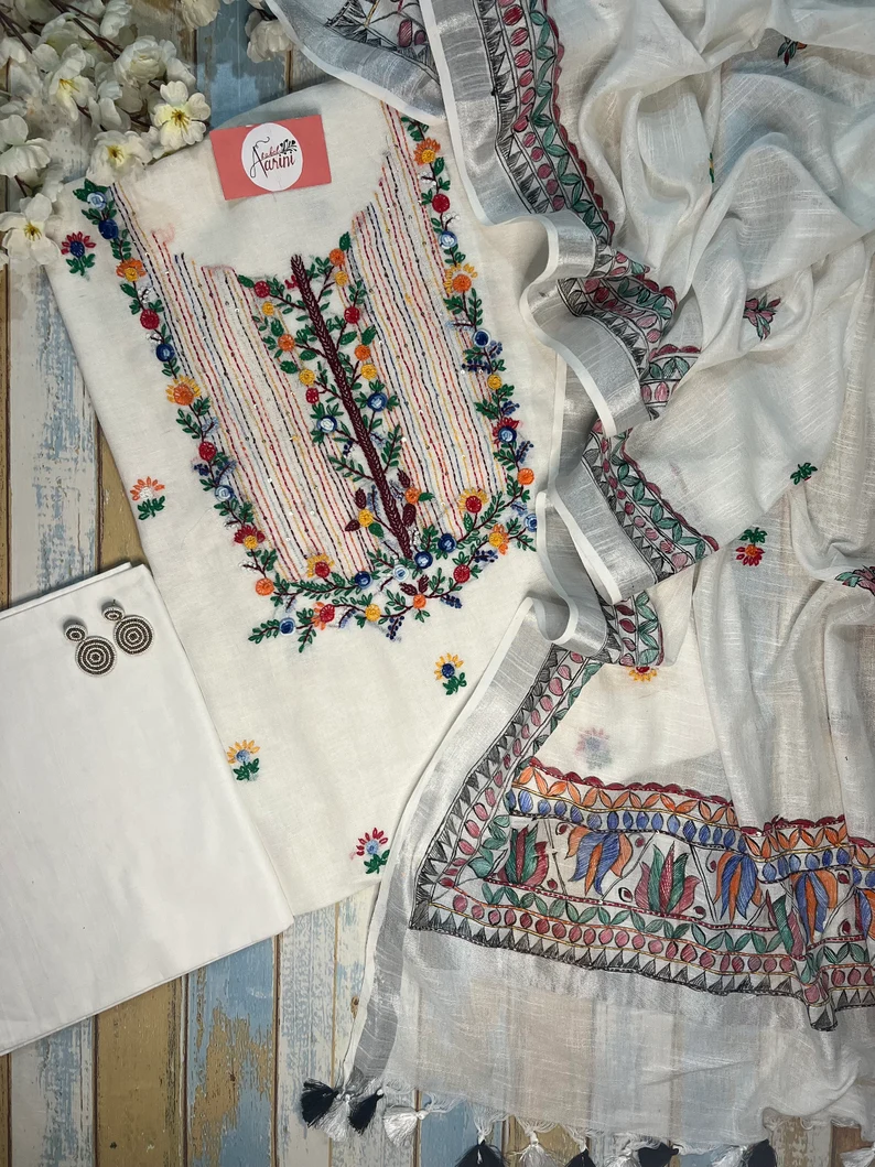 LABEL AARINI White colour pure linen French knot and bullion stitch hand embroidered 3 pcs suit set
